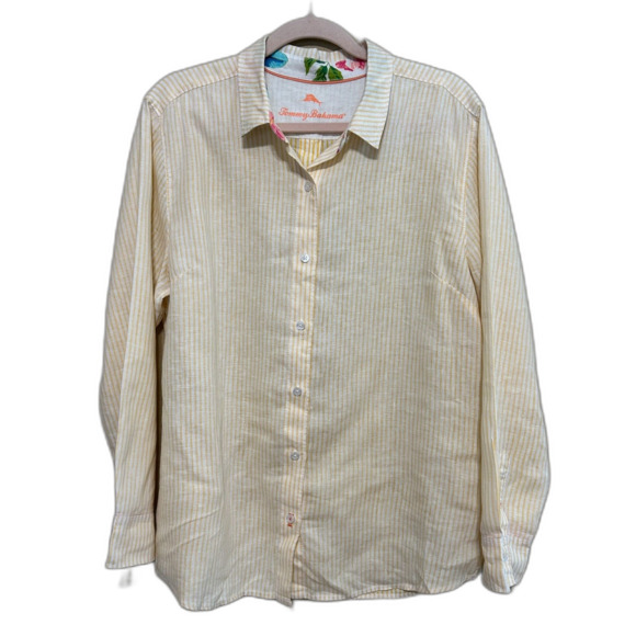 Tommy Bahama 100% Linen Button Up Shirt Womens Large Yellow White Coastal Beachy - Picture 1 of 7